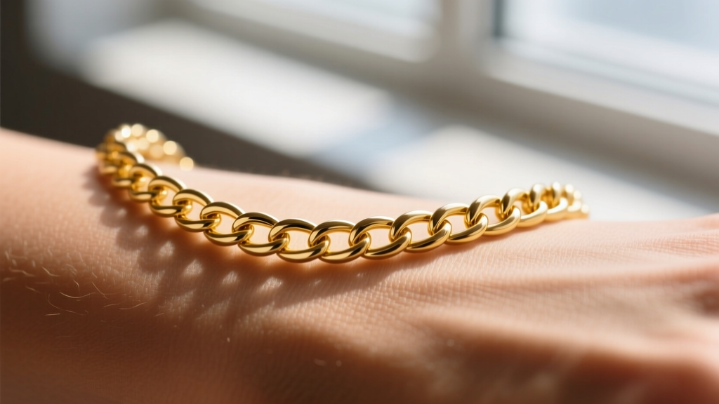 Macro close-up of a polished 1.5mm 18k yellow gold snake chain resting on skin, showing smooth links that prevent irritation
