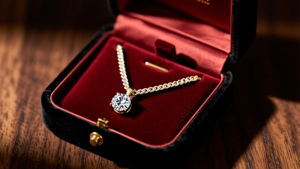 Elegant velvet jewelry box on dark wood displaying a repaired 14k white gold rope chain with a diamond pendant under warm light