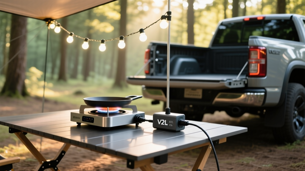 Campsite table with a V2L adapter powering an induction cooktop and string lights directly from an electric truck bed.