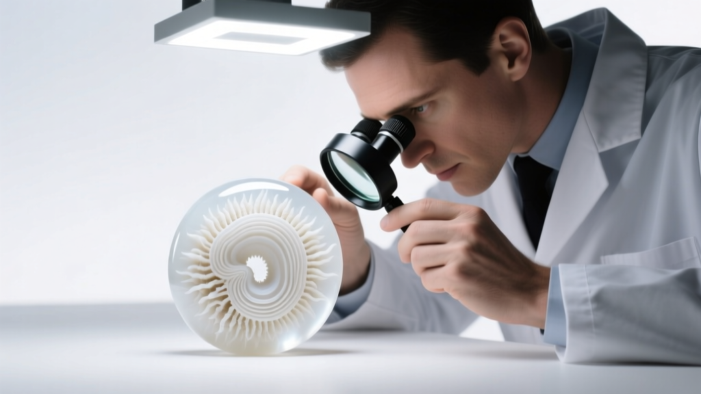 Gemologist examining a white coral bead with a 10x jeweler loupe under bright LED light, revealing subtle natural growth rings.