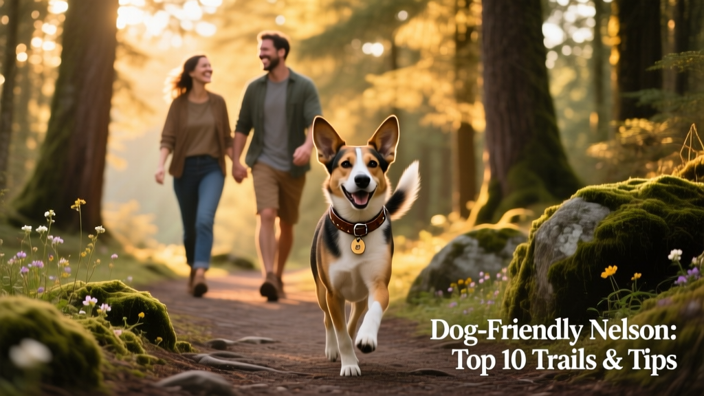 A person and their dog enjoying a sunny afternoon on a forested walking trail near Nelson