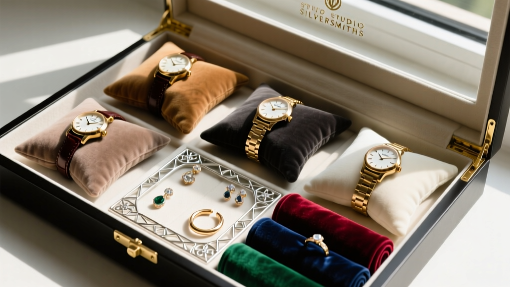 Top-down view of Studio Silversmiths box interior, showing four suede watch pillows, an earring grid, and plush velvet ring rolls.