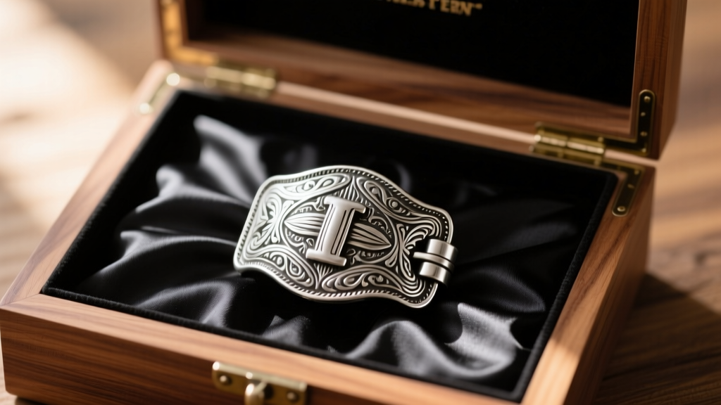 Open cedar western jewelry box lined with black anti-tarnish Pacific Silvercloth, holding a heavy sterling silver rodeo buckle
