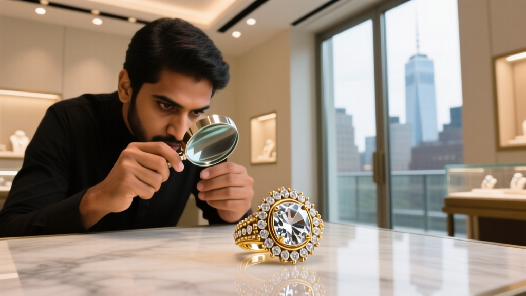 Jeweler examining a Kundan ring with a loupe to see the silver foil backing beneath an uncut diamond inside a D.C. metro boutique