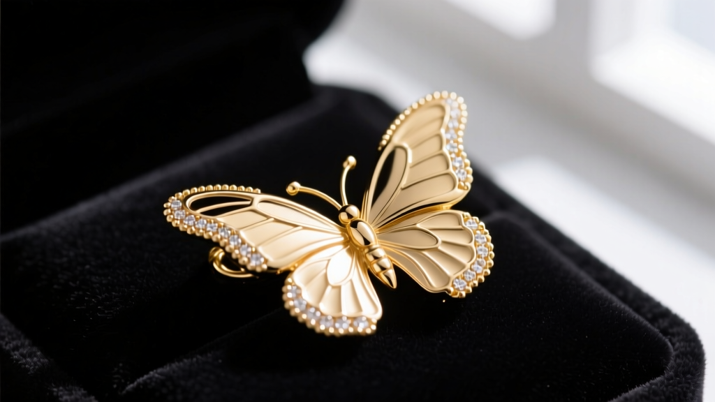 Macro photo of a delicate 14k solid gold butterfly pendant on dark velvet, showing intricate milgrain wing details and high polish.