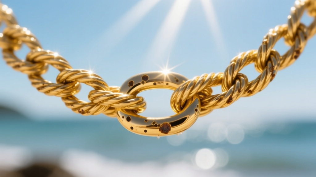 Macro shot of a 14k solid gold rope chain necklace showing early signs of saltwater pitting, illuminated by harsh tropical sunlight