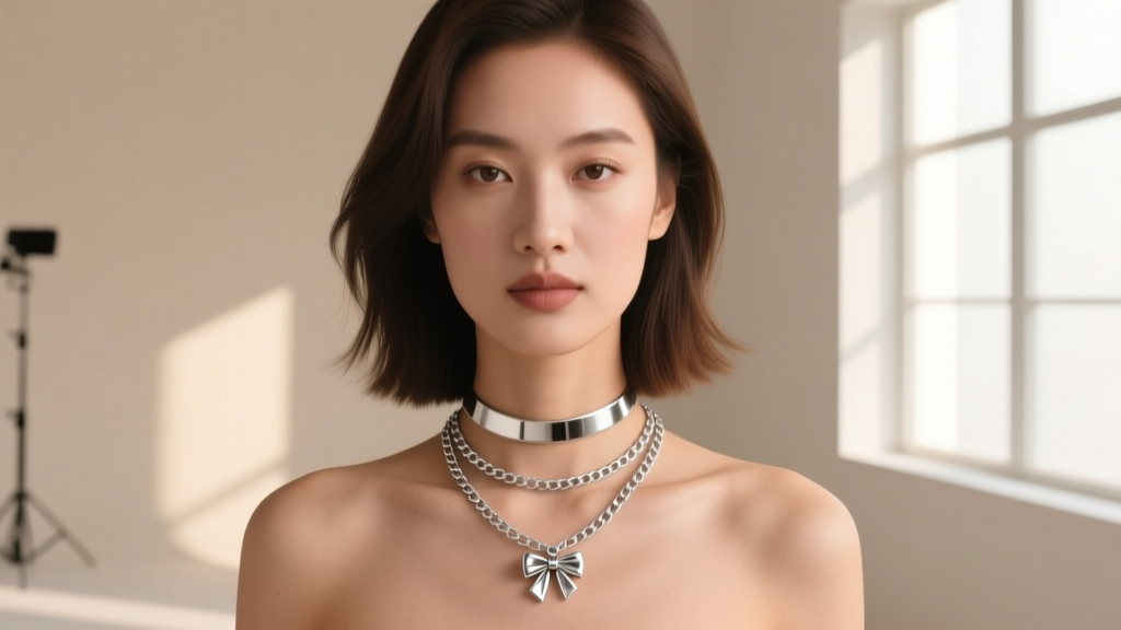 Model wearing a layered silver stack with a small bow pendant on a 16-inch box chain and a 14-inch silver choker, natural light