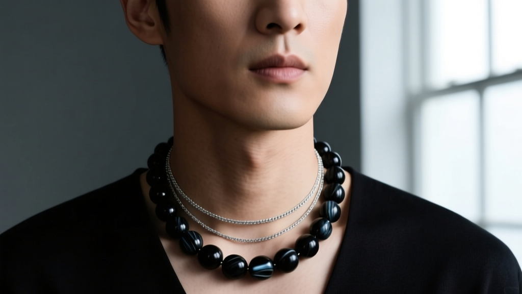Close-up of a man wearing a layered 6mm matte black onyx beaded necklace and a thin silver chain against a dark studio backdrop