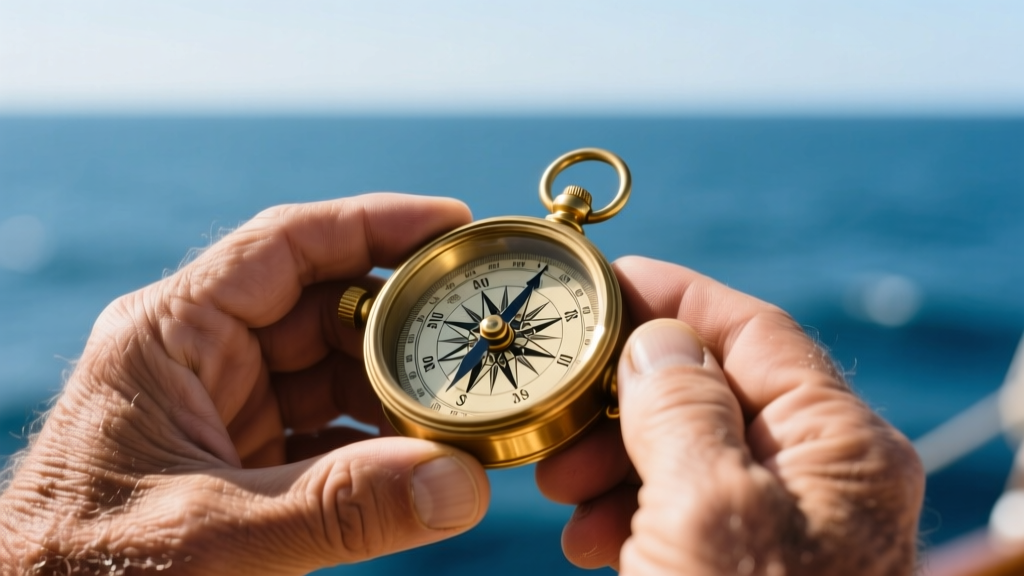 Close-up of a sailor holding a vintage-style brass handbearing compass against a blurred ocean horizon, highlighting the analog degree markings.