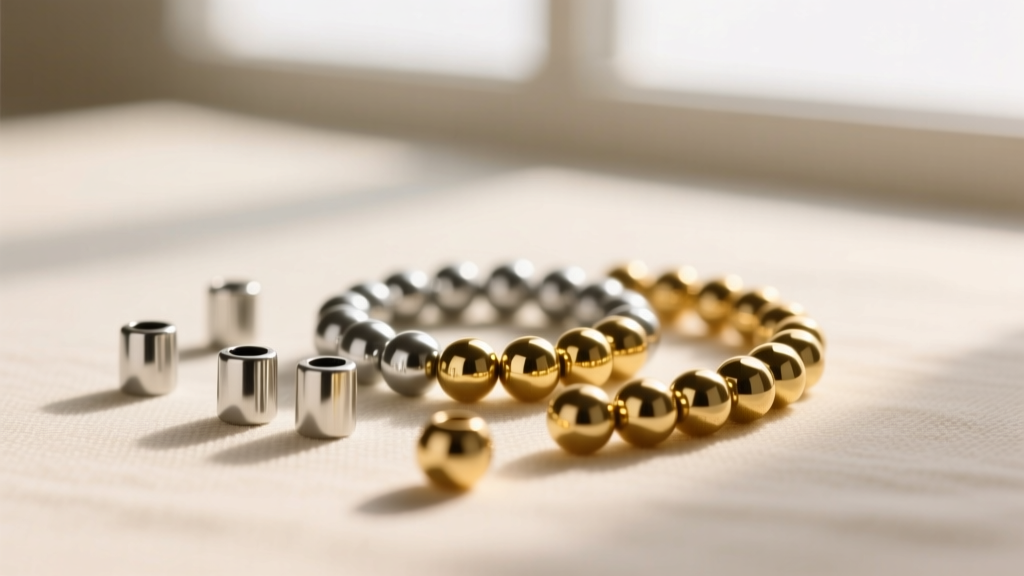 Macro shot of 11/0 cylinder seed beads and 15/0 round rocailles, highlighting size differences and metallic luster finishes