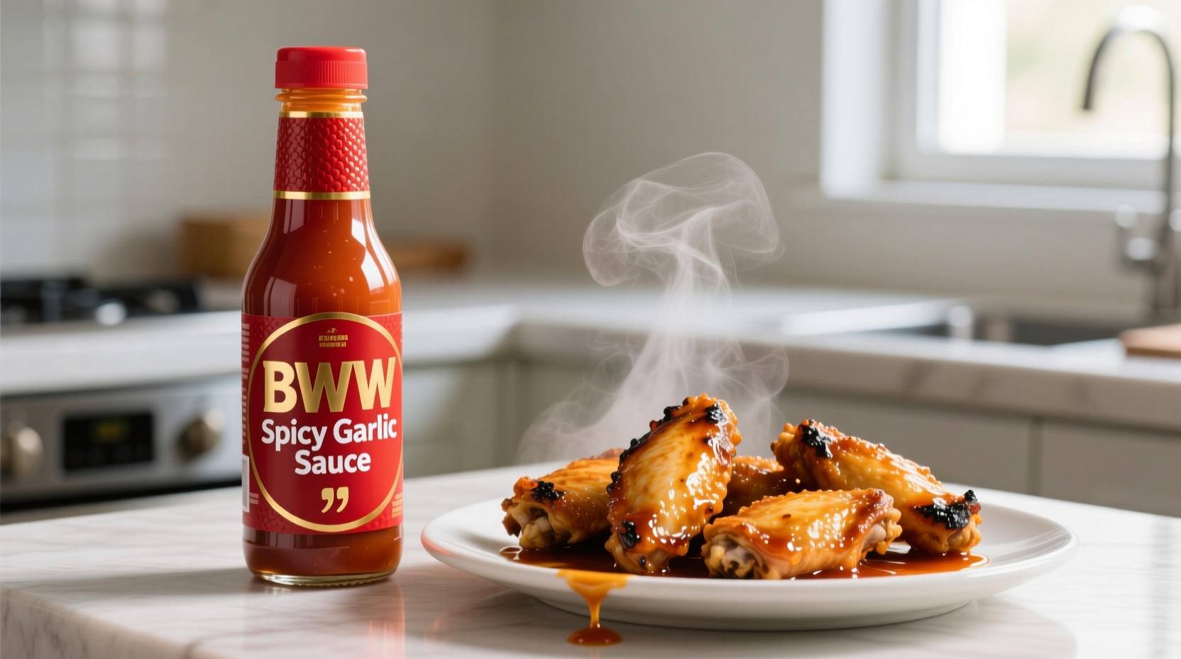 Bottle of BWW Spicy Garlic Sauce next to chicken wings