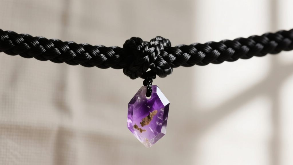 Close-up of braided black nylon cord with a sliding macrame slip knot and raw amethyst pendant on a neutral linen background.