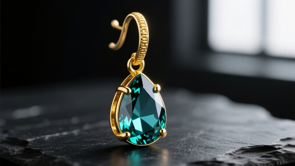 Macro photo of a rigid 18k yellow gold drop earring with a pear sapphire, highlighting the soldered jump ring against dark slate.
