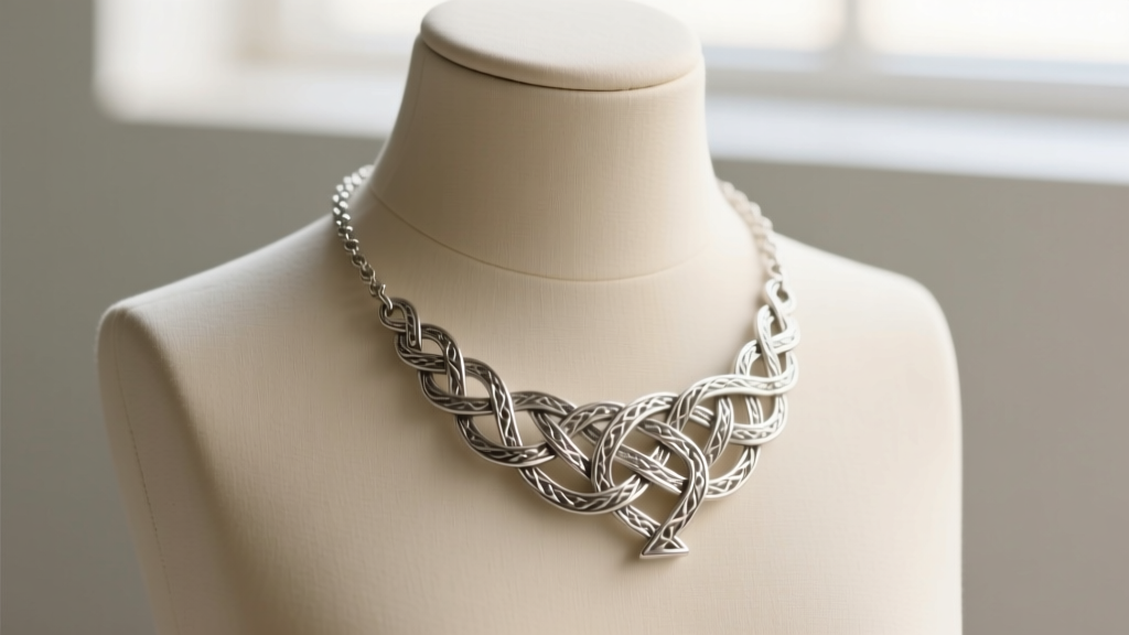 Close-up of a hand-fabricated platinum Celtic Dara knot necklace on a mannequin, highlighting the intricate woven metal texture