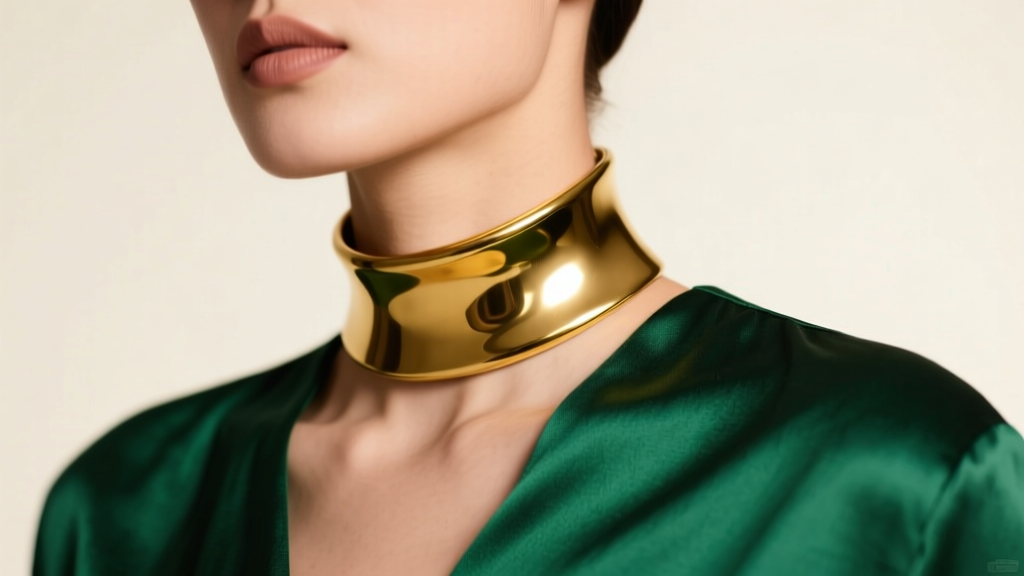 A model wearing a polished 18k yellow gold liquid metal choker against an emerald silk blouse under soft, warm studio lighting.