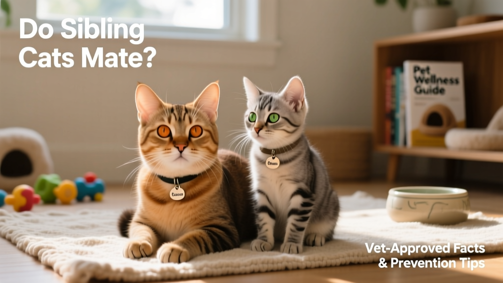 Two young sibling cats sitting side by side, one male and one female, looking relaxed but unaware of reproductive risks