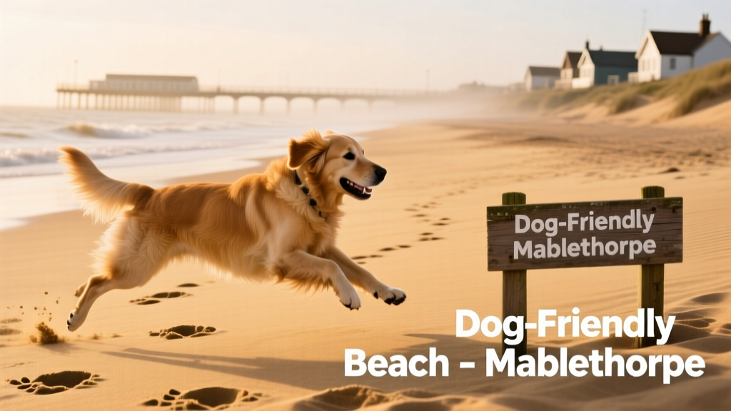 Dog running on golden sands at Mablethorpe Beach