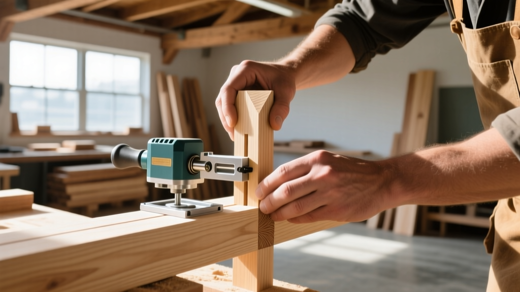 Close-up of a woodworker assembling a precision-cut mortise and tenon joint in white oak using a specialized router jig in a well-lit workshop
