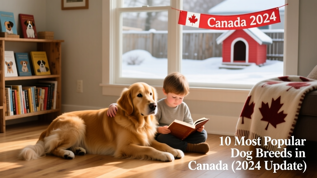 A calm Golden Retriever resting beside a child reading a book