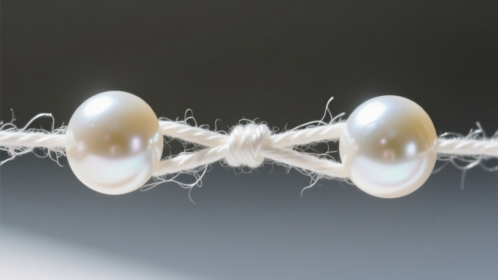 Macro photography of frayed white silk thread between two 8mm round pearls, showing visible gaps and stretching near the knot.
