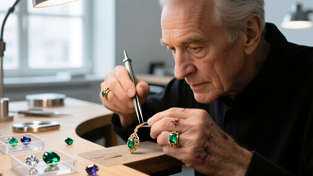 Close-up of a jeweler's loupe examining jardin inclusions inside a bezel-set emerald green gold earring stud under bright light