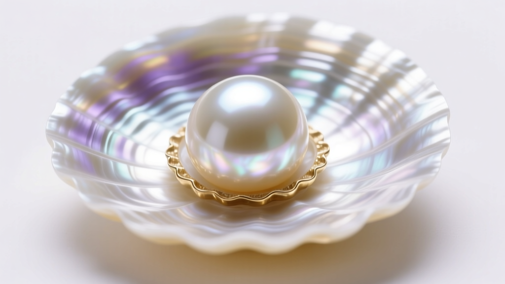 Macro cross-section of a saltwater pearl showing thick nacre layers over a round mother-of-pearl core under bright studio lights.