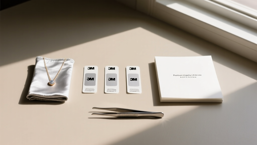 Flat lay of jewelry upgrade supplies including 3M anti-tarnish strips, Pacific Silvercloth, acid-free paper, and tweezers