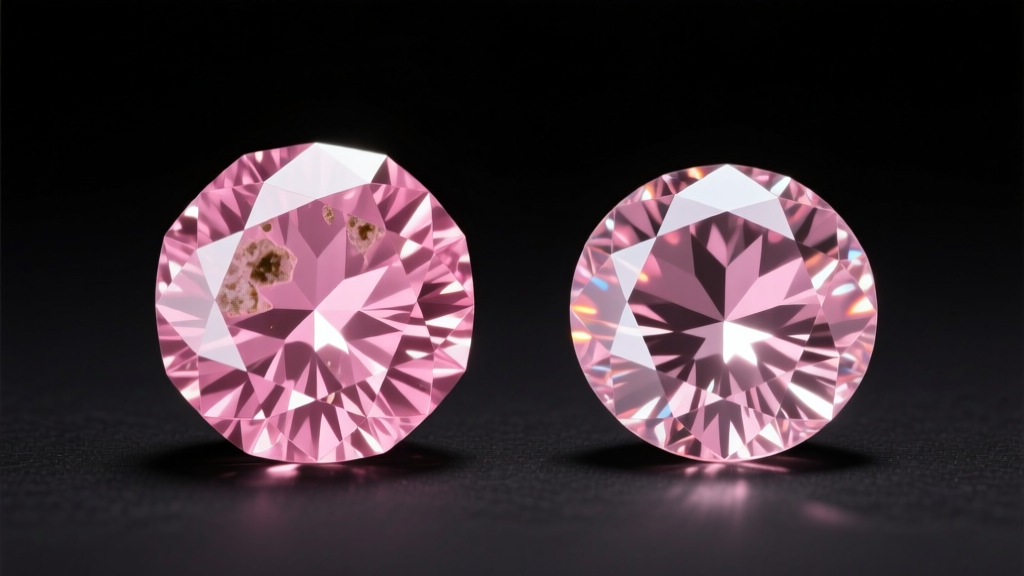Natural pink diamond beside a lab-grown pink diamond, showing identical brilliance under bright gemological studio lighting setup