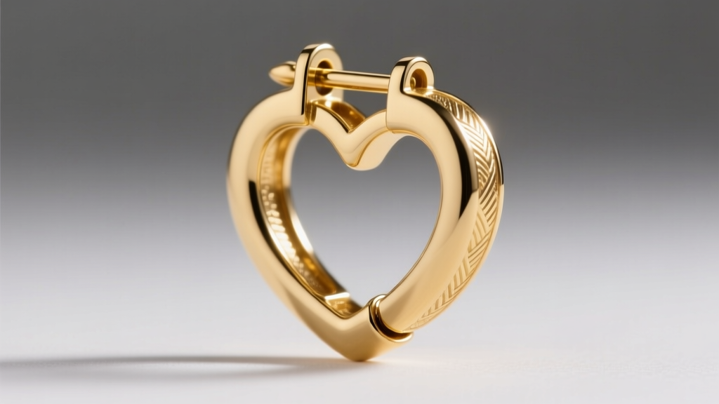 Macro shot of an 18k gold heart-shaped huggie earring hinge, highlighting the precise clicker closure and polished metal texture.