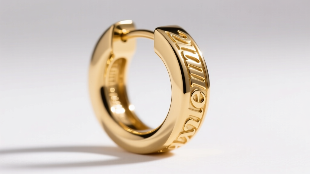 Side profile of a 20mm 14k gold flat-back huggie earring showing the depth and contrast of custom rotary typography engraving