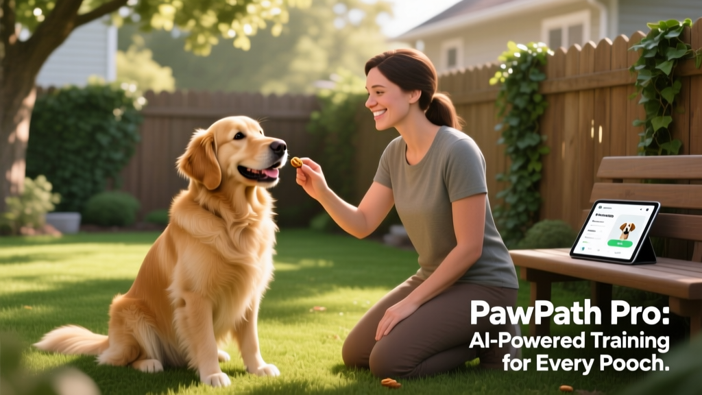 A happy dog sitting attentively in a sunlit backyard while a trainer kneels nearby, offering a treat