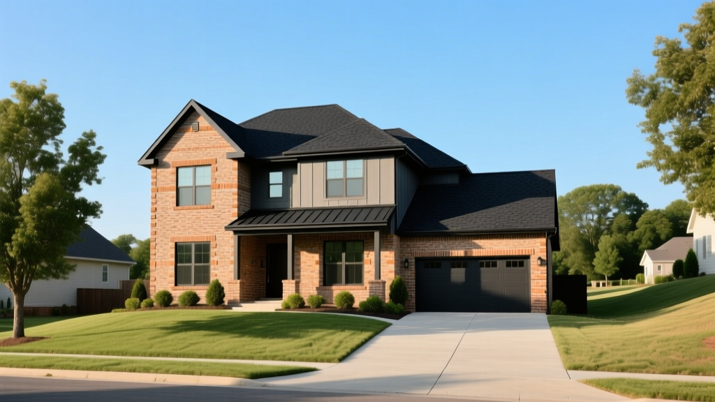 Newly framed two-story residential home in Nashville Tennessee with brick exterior and black asphalt shingle roofing under clear sky