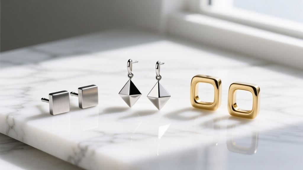 Flat lay of three squared earring pairs including titanium studs, silver geometric drops, and gold square huggies on white marble