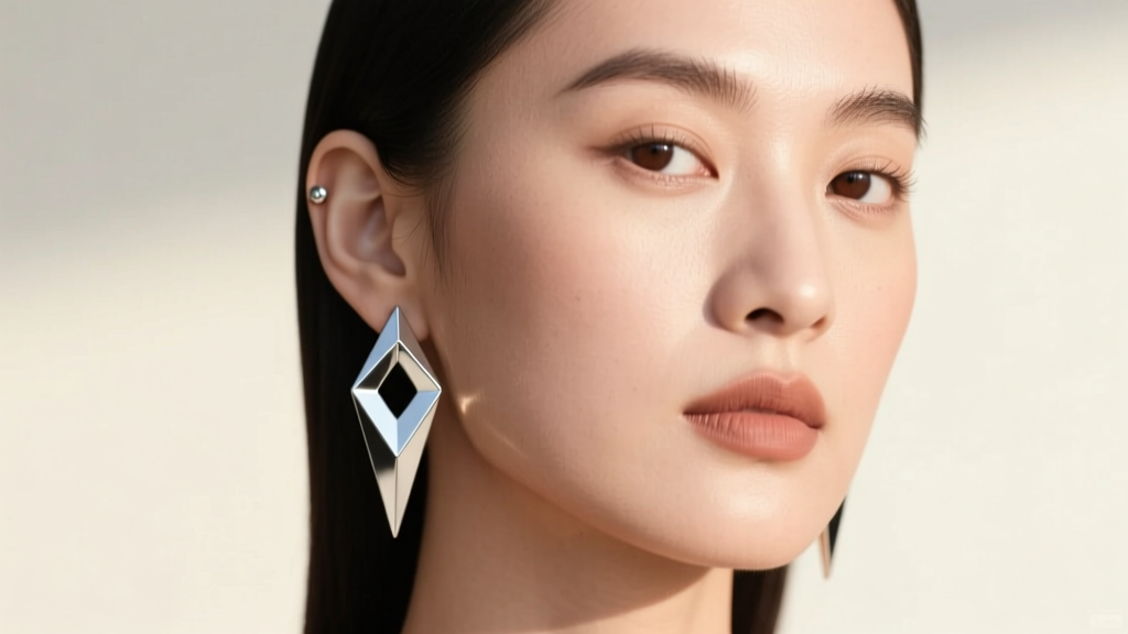 Profile of a woman with a round face wearing geometric silver stud dangle earrings designed to elongate her jawline and neckline.
