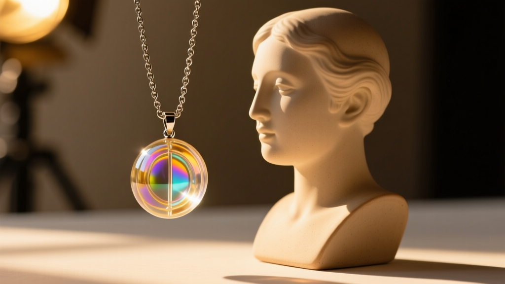 Restored spherical resin pendant necklace with a steel chain hanging from a ceramic jewelry bust in warm natural sunlight.