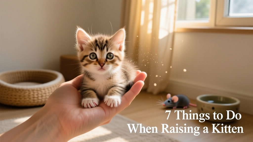 A gentle hand holding a fluffy 6-week-old kitten in a sunlit room