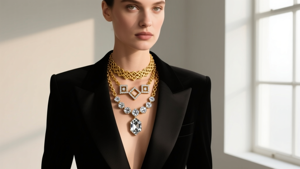 Woman wearing a deep V-neck black blazer showcasing a three-tier layered gold and rhinestone necklace arrangement in natural light