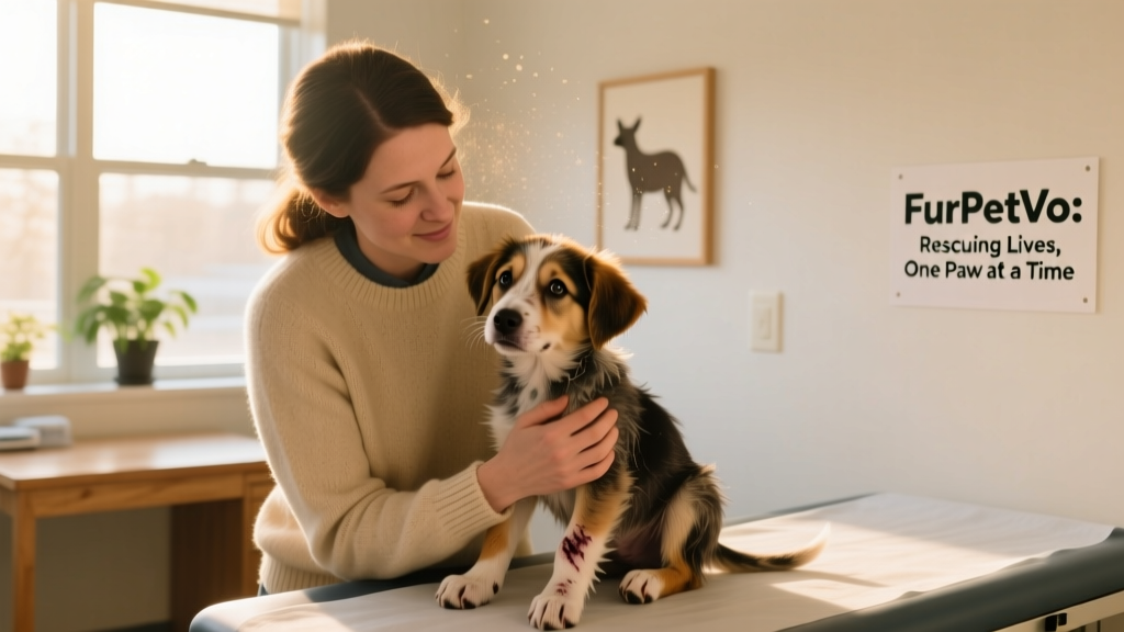 A gentle, compassionate volunteer holding a rescued dog during a veterinary exam at a FurPetVo rehabilitation center