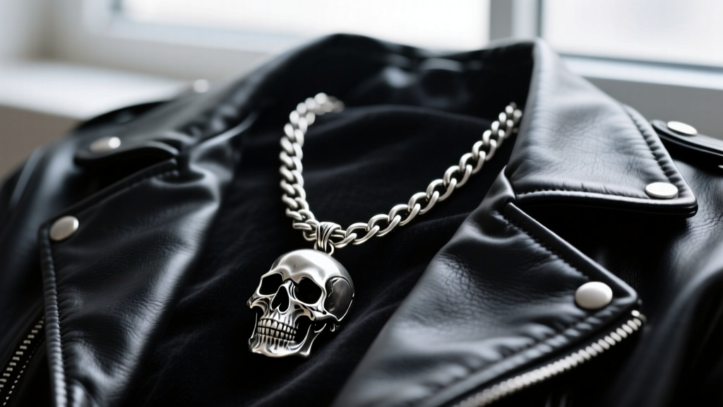 Close-up of a heavy-gauge oxidized sterling silver chain necklace with a gothic skull medallion, resting on a dark leather jacket