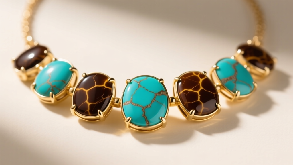 Close-up of a tennis necklace featuring Kingman turquoise cabochons with dark brown limonite matrix set in 14k gold bezels.