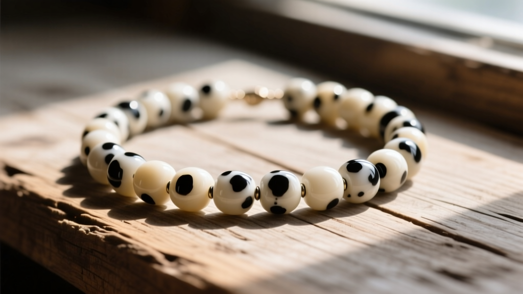 Genuine dalmatian jasper beaded necklace on rustic wood, highlighting the cream base and distinct black spots under natural sunlight