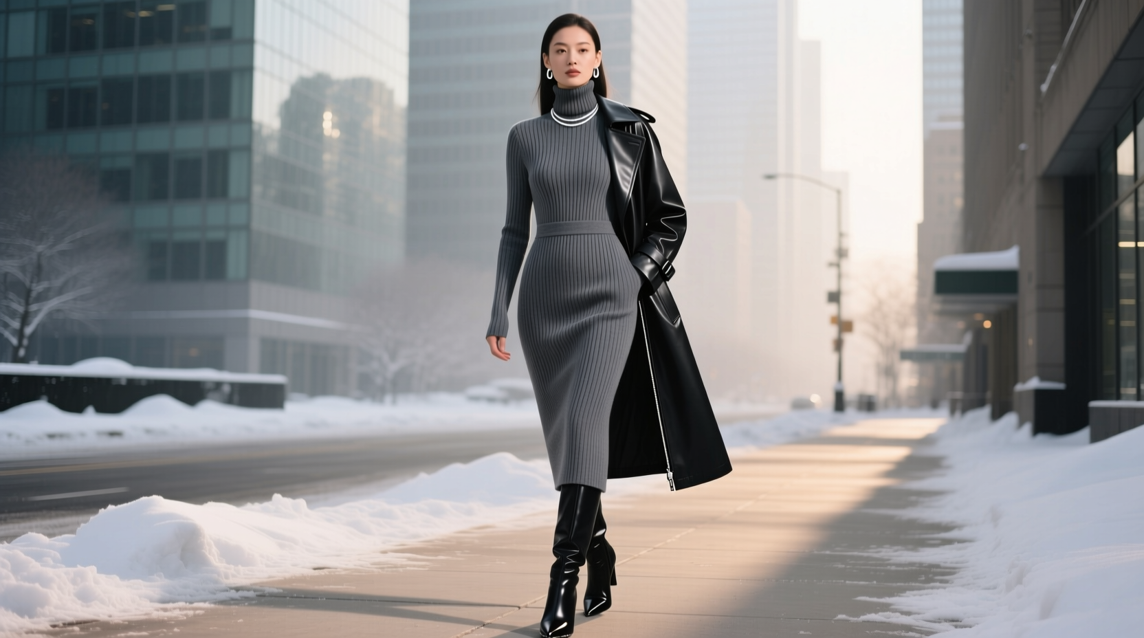 style a ribbed turtleneck dress for polished winter office wear
