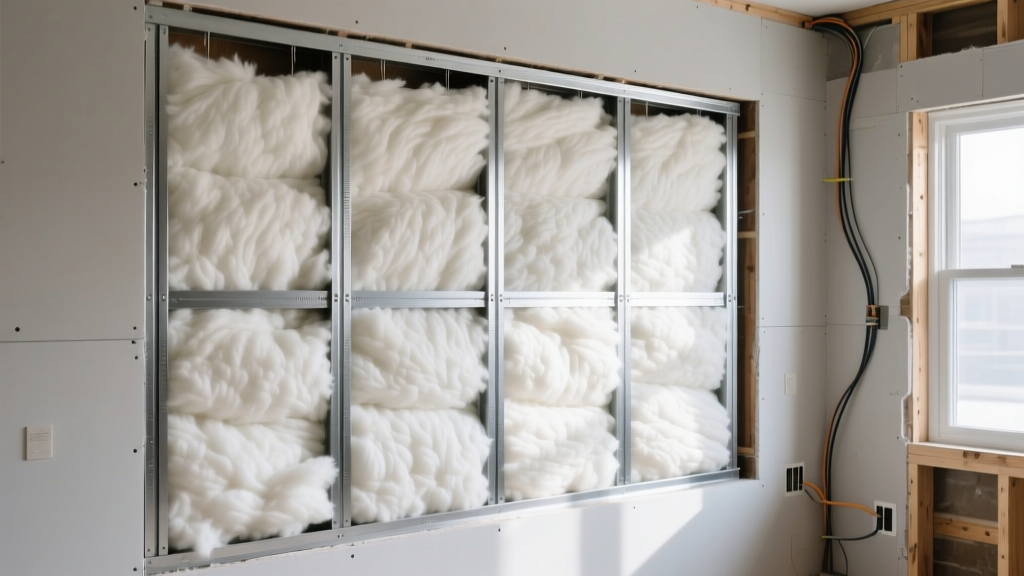 Cross-section of a framed wall showing dense mineral wool batts and resilient channels installed for acoustic soundproofing