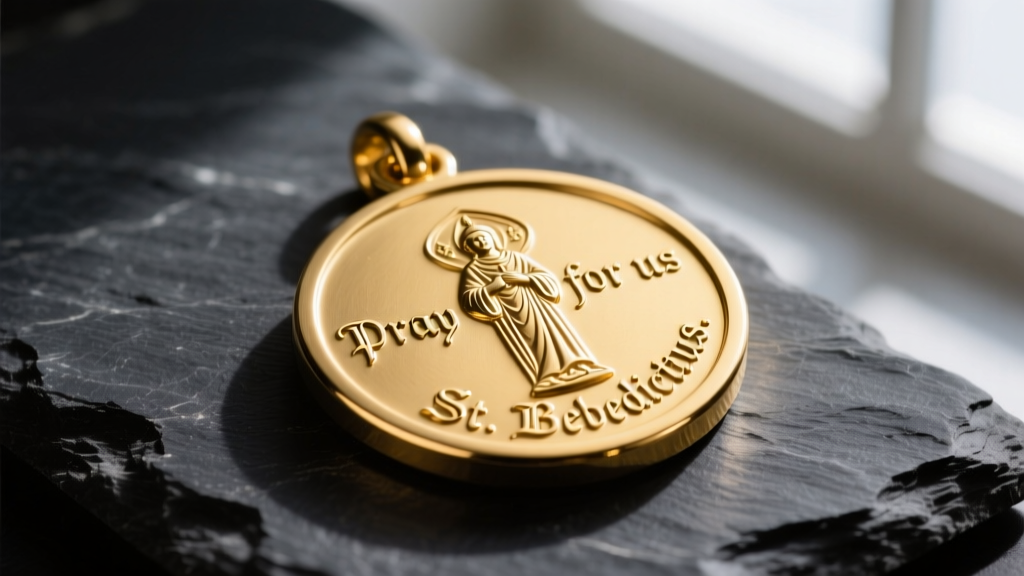 Macro shot of an 18k yellow gold Saint Benedict medal on dark slate, showing detailed Latin engravings and polished edges.