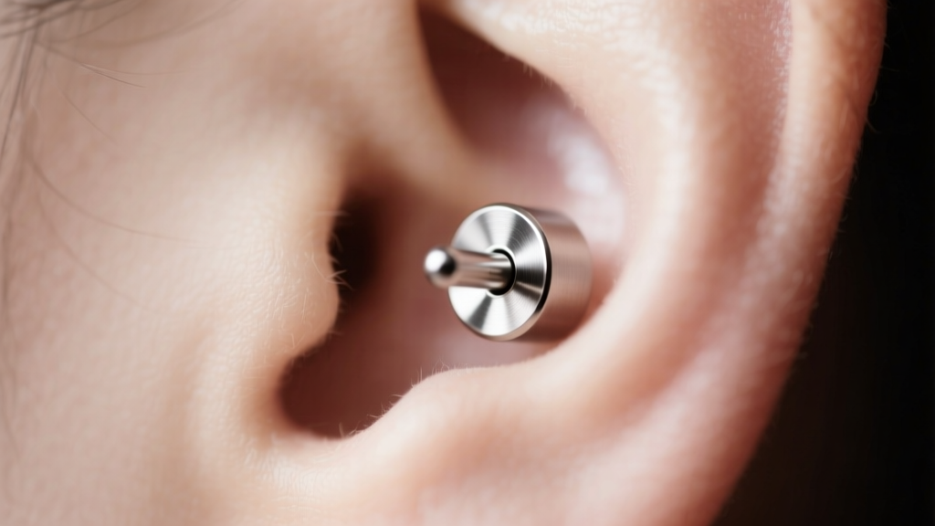 Macro shot of a 14-gauge titanium labret stud in a left ear lobe piercing, soft studio lighting, blurred neutral background.