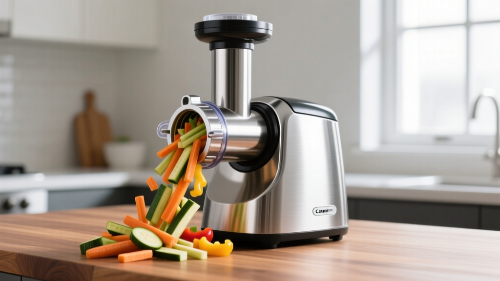 A stainless steel food processor with a wide feed tube slicing vegetables uniformly for bulk meal preparation on a wooden countertop.