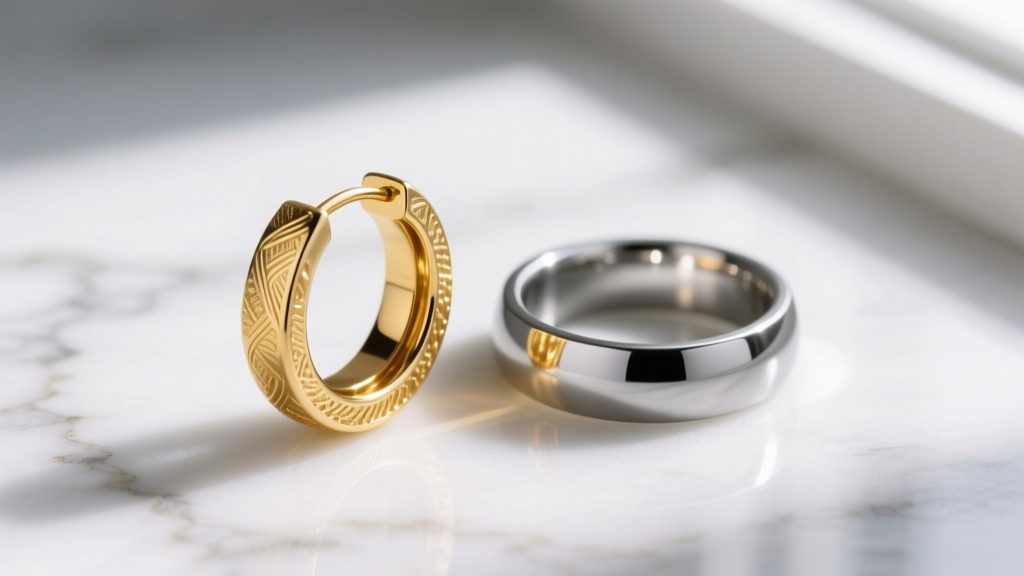 Macro shot of gold vermeil hoop earrings next to PVD coated steel hoops, showing texture differences on a white marble surface