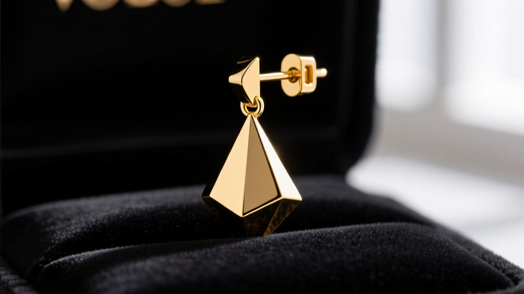 Macro shot of a heavy 14k solid gold geometric drop earring resting on black velvet highlighting the secure locking clutch back