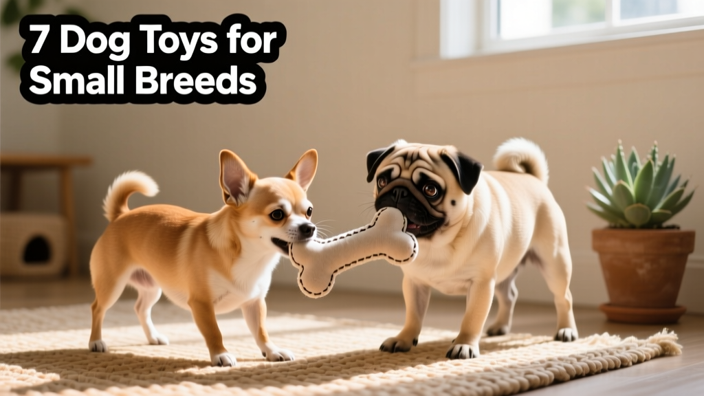 A Chihuahua and a Pug gently tugging on a soft, flexible bone-shaped toy
