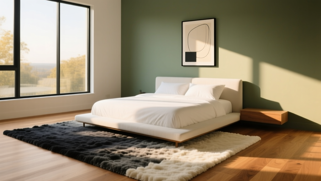 Sunlit modern bedroom featuring warm oak hardwood floors transitioning into a plush wool area rug at the base of a platform bed